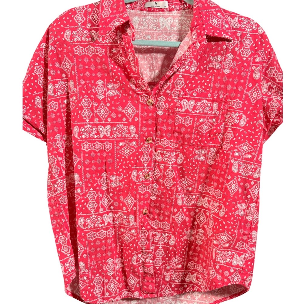 IT red Bandana Print Short Sleeve‎ boxy slightly cropped Button Front Shirt M